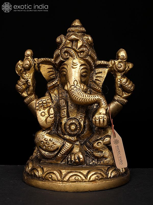 3" Small Four-Armed Ganesha with Modak & Mushak: A Divine Presence | Brass Idol