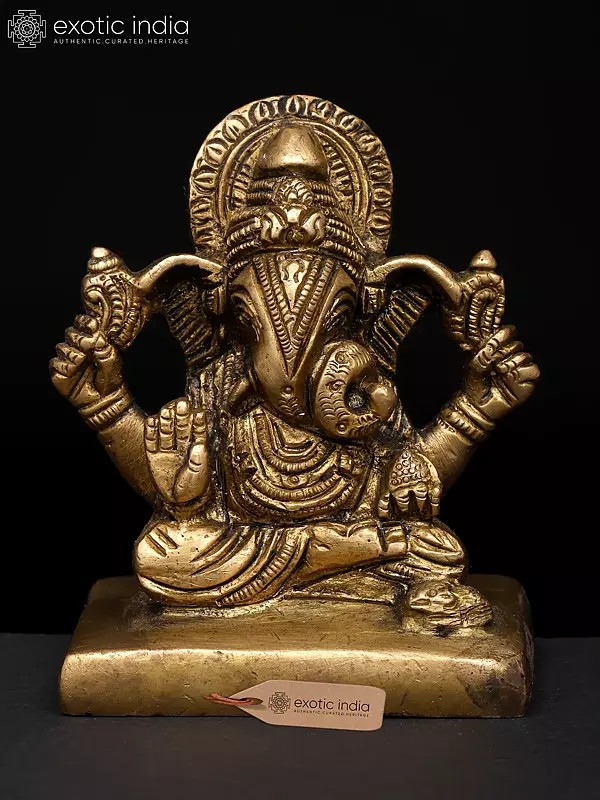 3" Small The Divine Form of Ganesha with Modak and Mouse | Brass Figurine