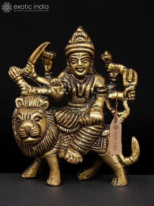 3" Small Goddess Durga in Her Divine Form Seated on Lion | Brass Idol