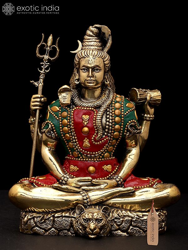6" Small Superfine Sitting Four Armed Lord Shiva | Brass Statue with Inlay Work