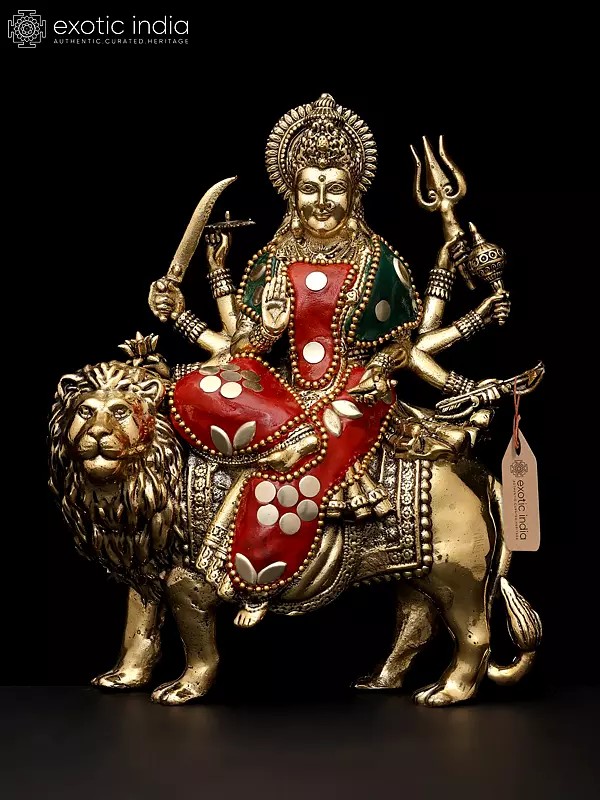 6" Small Superfine Ashtabhujadharini Goddess Durga (Sherawali Maa) | Brass Statue with Inlay Work