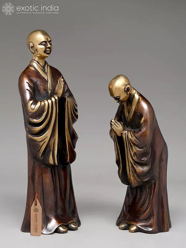 12" Monk Master with Bowing Disciple | Pair of Brass Statues | Table Decor