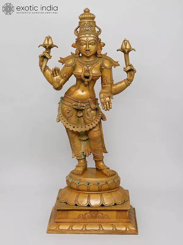 26" Standing Goddess Lakshmi in Blessing Gesture | Bronze Statue