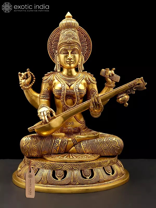 18" Four Armed Goddess Saraswati | Brass Statue