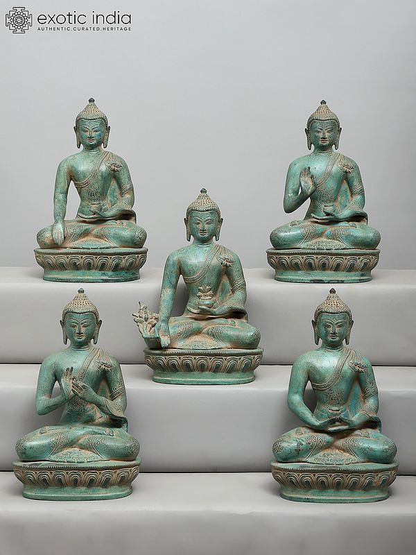 10" Set of Five Buddha Seated in Different Mudras | Brass Statues