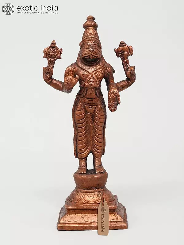 5" Small Standing Lord Narasimha in Blessing Gesture | Copper Statue