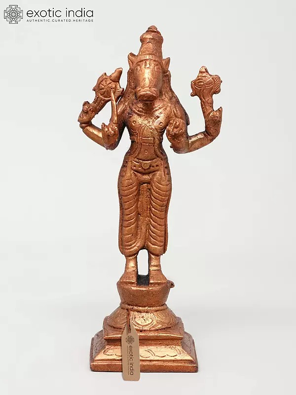 6" Small Four Armed Standing Lord Varaha | Copper Statue