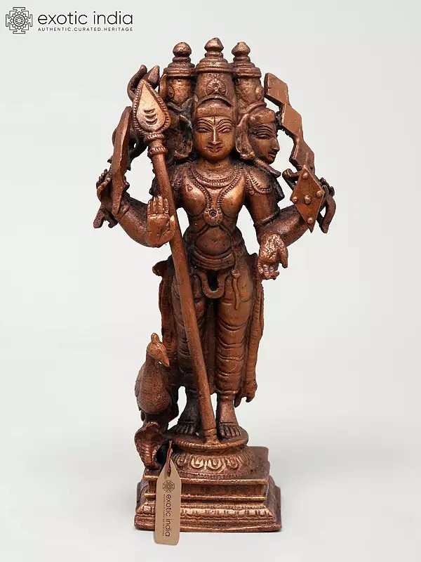 6" Small Three Headed Standing Lord Murugan (Karttikeya) | Copper Statue