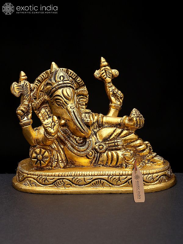 5" Small Four Armed Relaxing Lord Ganesha | Brass Statue