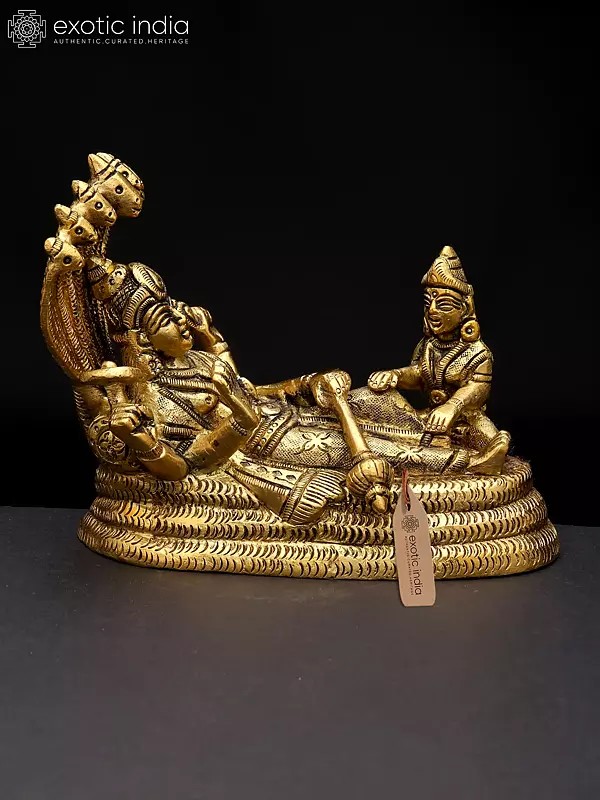 5" Small Shesha-Shayi Lord Vishnu with Devi Lakshmi | Brass Statue