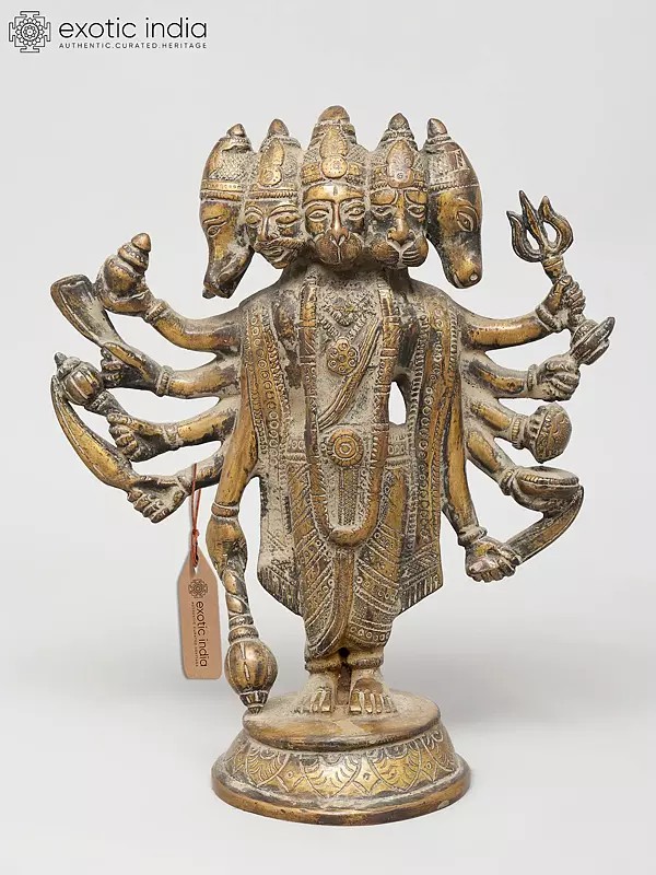 9" Standing Ten Armed Panchamukhi Lord Hanuman | Brass Statue