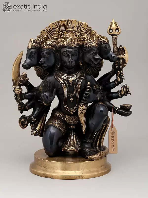 11" Black and Gold Finish Sitting Ten Armed Panchamukhi Lord Hanuman | Brass Statue