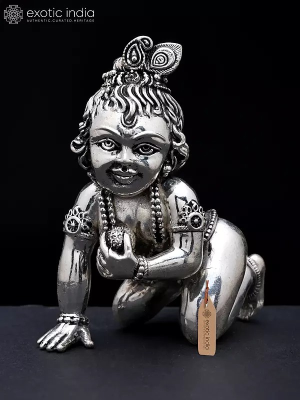 4" Small Superfine Laddu Gopal (Baby Krishna) | Silver Plated Brass Idol