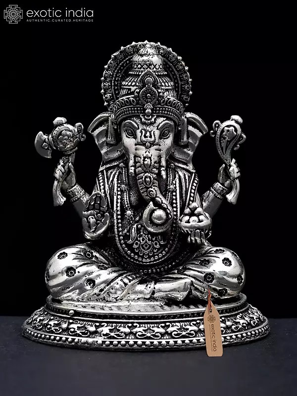 2" Small Superfine Chaturbhuja Lord Ganesha | Silver Plated Brass Idol