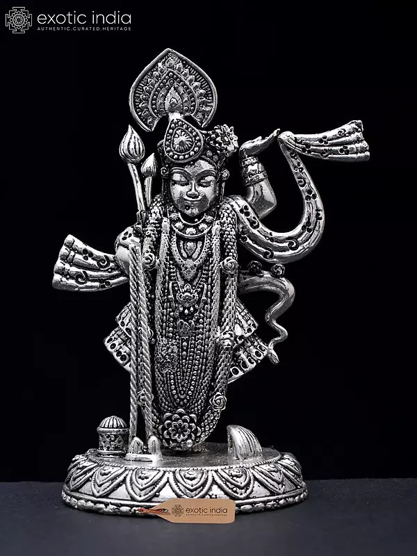 4" Small Shrinathji - Form of Lord Krishna | Silver Plated Brass Statue