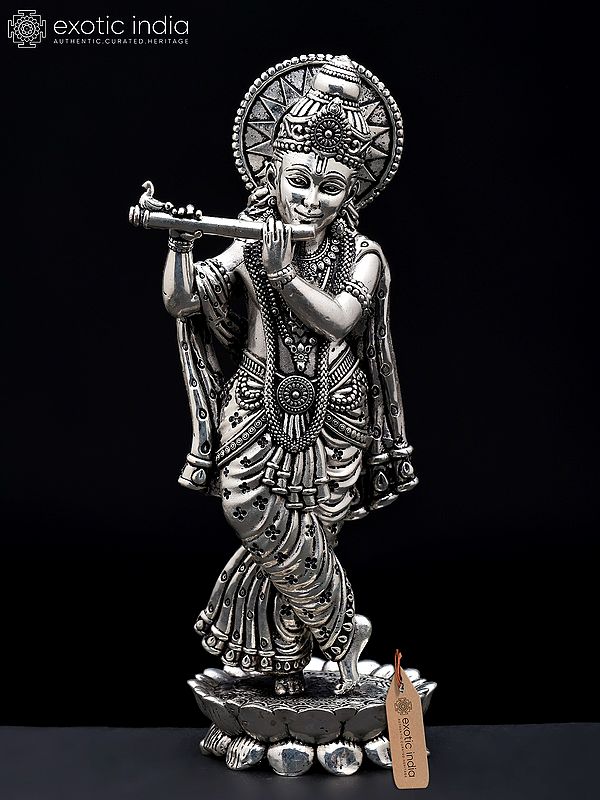 6" Small Superfine Standing Lord Krishna Playing Flute | Silver Plated Brass Statue