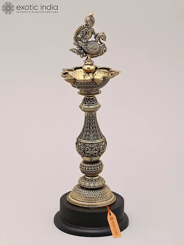 9" Peacock Brass Oil Lamp with Wood Base for Home and Temple | Made in India