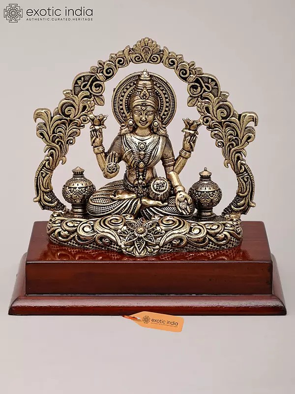 5" Small Superfine Four Armed Dhanalakshmi Seated with Attractive Arch and Wood Base | Brass Idol