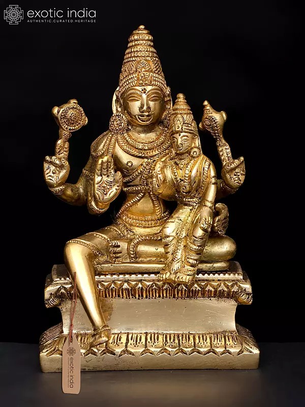 6" Small Lord Vishnu Brass Statue with Goddess Lakshmi