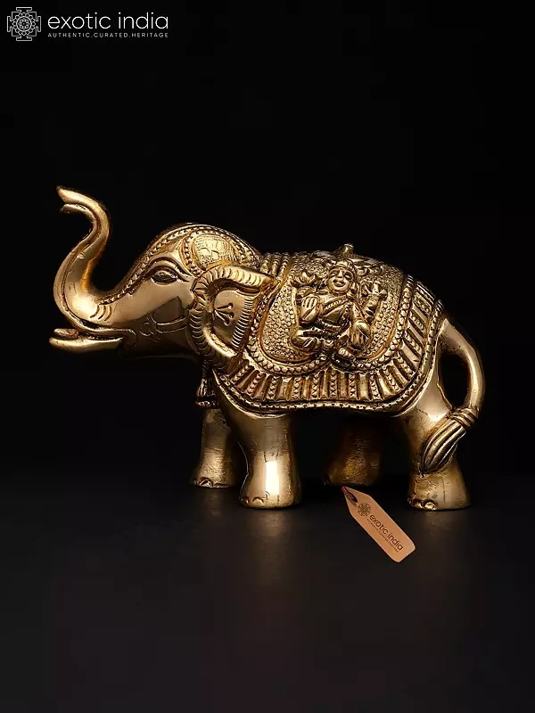 4'' Brass Elephant With Lakshmi Ganesha Engraved