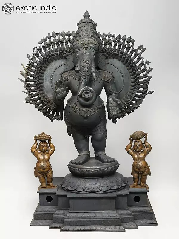 54" Hundred Armed Standing Lord Ganesha | A Staggering Triumph of Chola Artistic Tradition In Panchaloha Bronze | Made In Swamimalai, Tamil Nadu, India