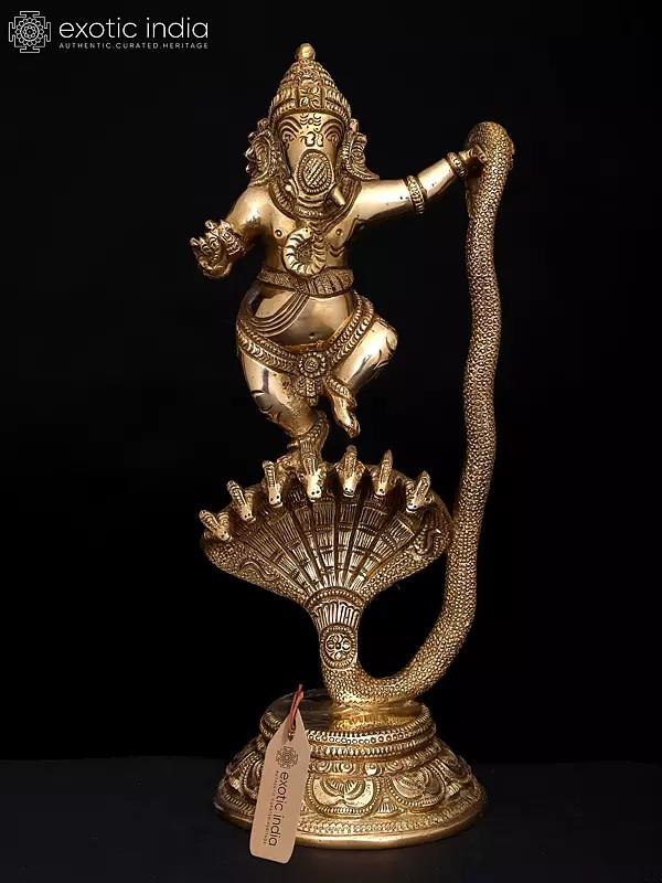 12" Lord Ganesha Dancing on Seven-Hooded Serpent In Brass | Handmade | Made In India