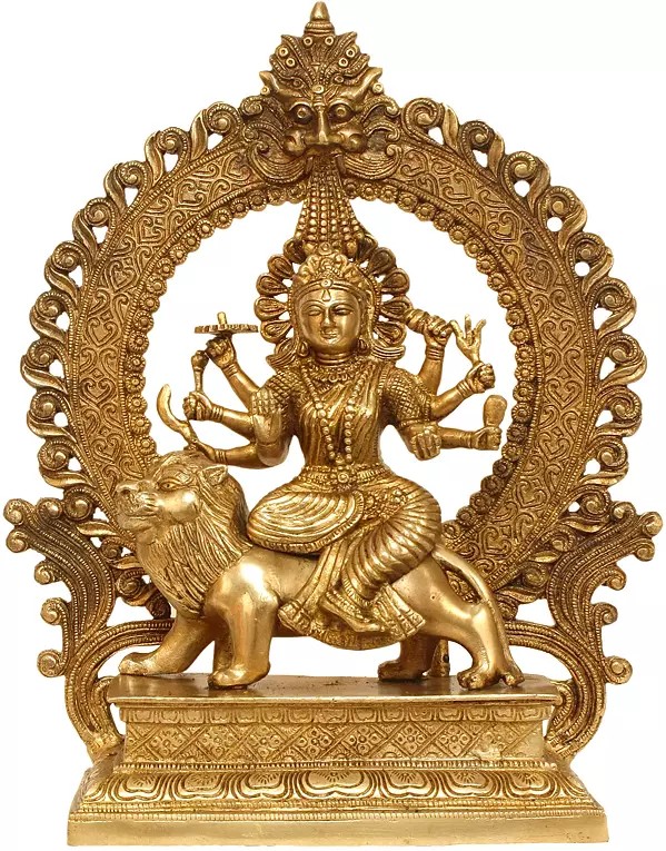 14" Ashta-bhuja-dhari Simha-Vahini Durga Statue in Brass