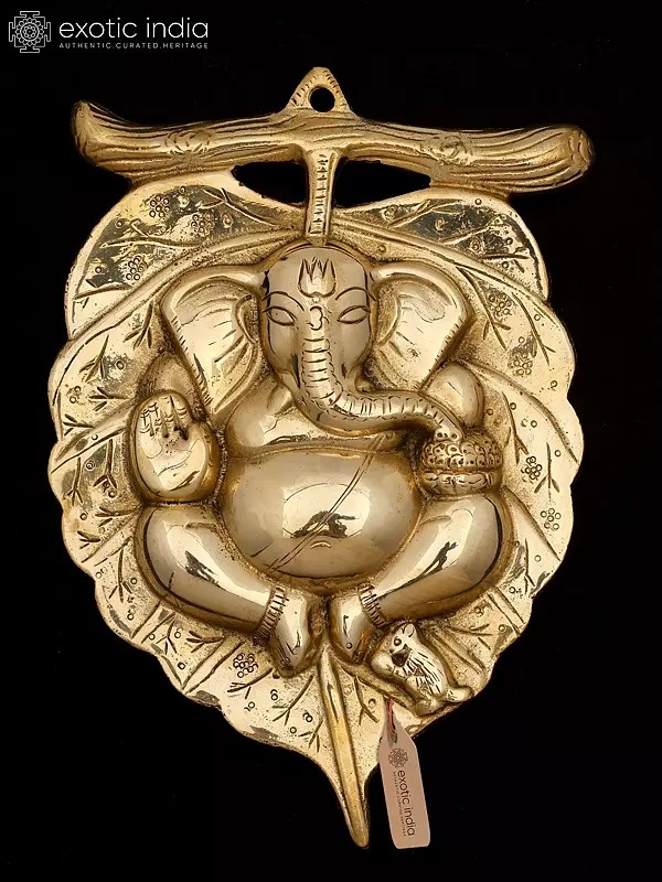 8" Small Brass Lord Ganesha Statue on Peepal Leaf Wall Hanging