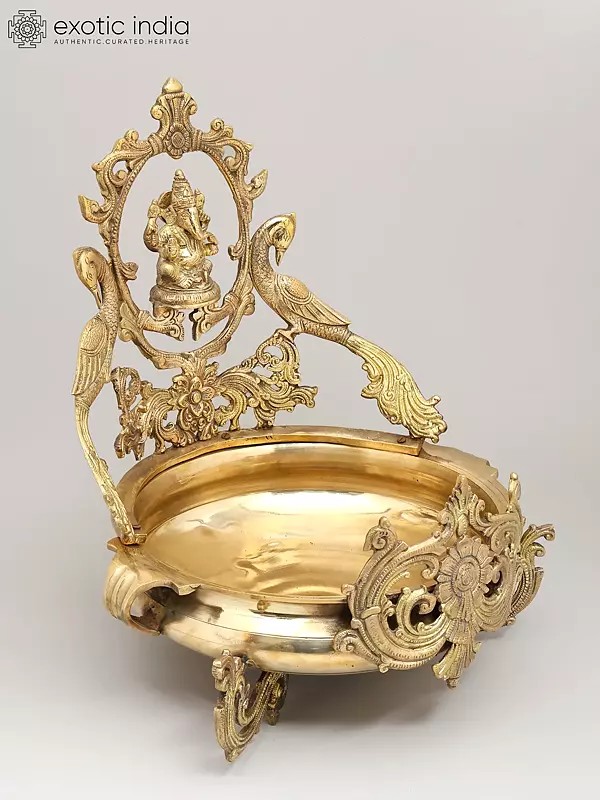 20" Designer Lord Ganesha Urli in Brass with Peacocks | Handmade | Made In India
