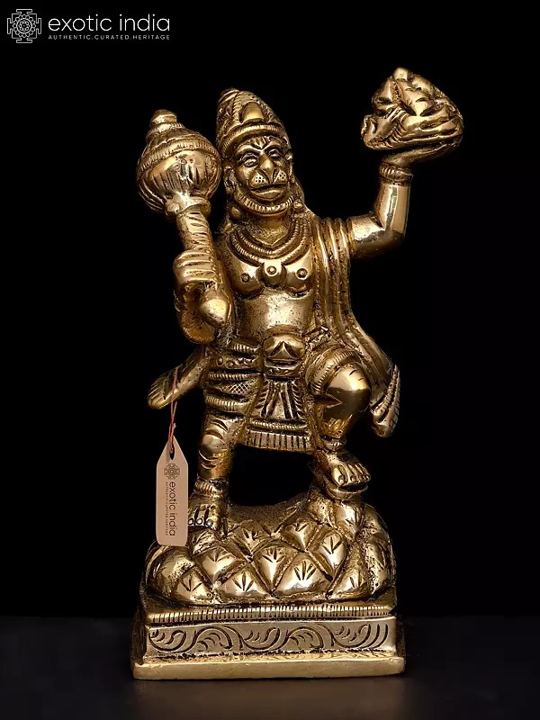 4" Brass Hanuman Statue Lifting Sanjeevani Booti Mountain | Handmade | Made in India