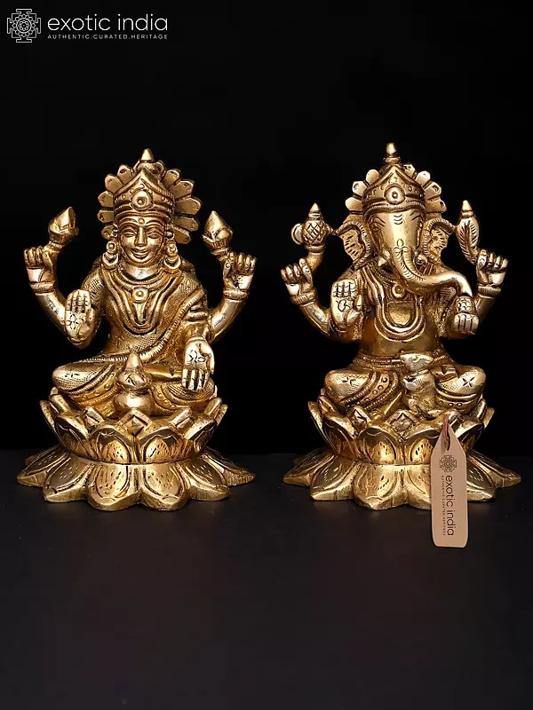 4" Small Brass Lakshmi Ganesha Sitting on Lotus Statue | Handmade