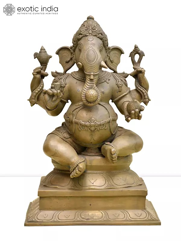 16" Sitting Chaturbhuja Lord Ganesha | Madhuchista Vidhana (Lost-Wax) | Panchaloha Bronze from Swamimalai