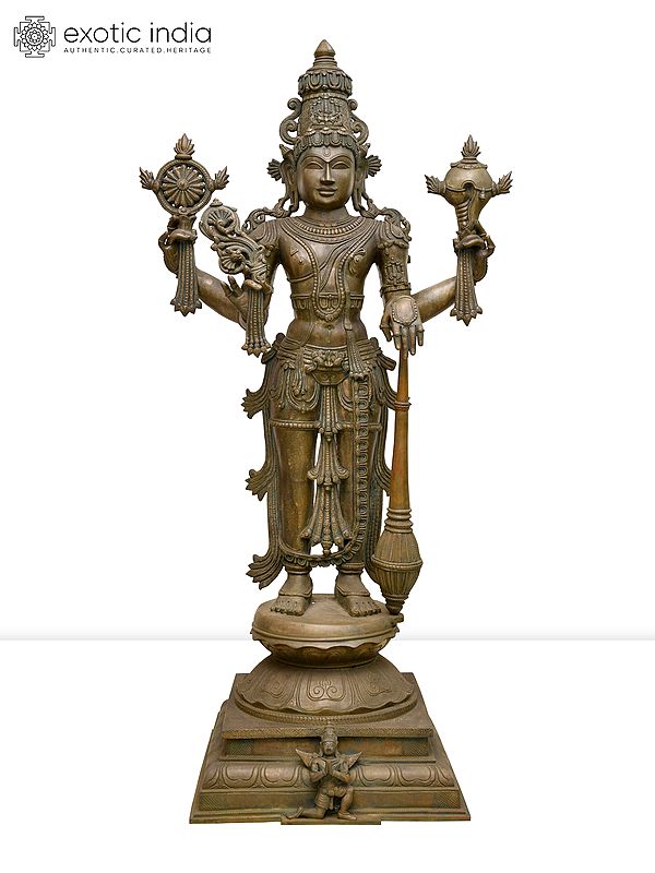 41" Large Four Armed Standing Lord Vishnu with Garuda at Bottom | Madhuchista Vidhana (Lost-Wax) | Panchaloha Bronze from Swamimalai