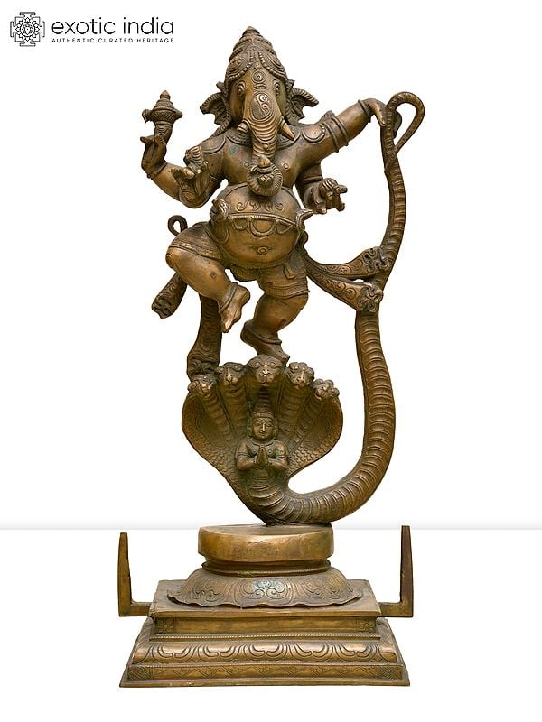 20" Lord Ganesha Dancing on Snake Head | Madhuchista Vidhana (Lost-Wax) | Panchaloha Bronze from Swamimalai