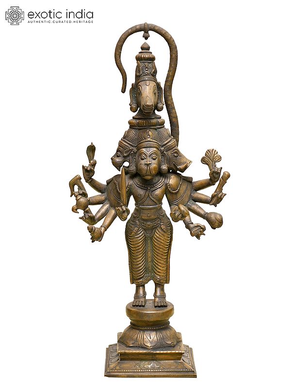 16" Standing Ten Armed Panchamukhi Lord Hanuman | Madhuchista Vidhana (Lost-Wax) | Panchaloha Bronze from Swamimalai