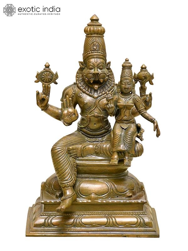 9" Lord Narasimha Seated with Devi Lakshmi | Madhuchista Vidhana (Lost-Wax) | Panchaloha Bronze from Swamimalai