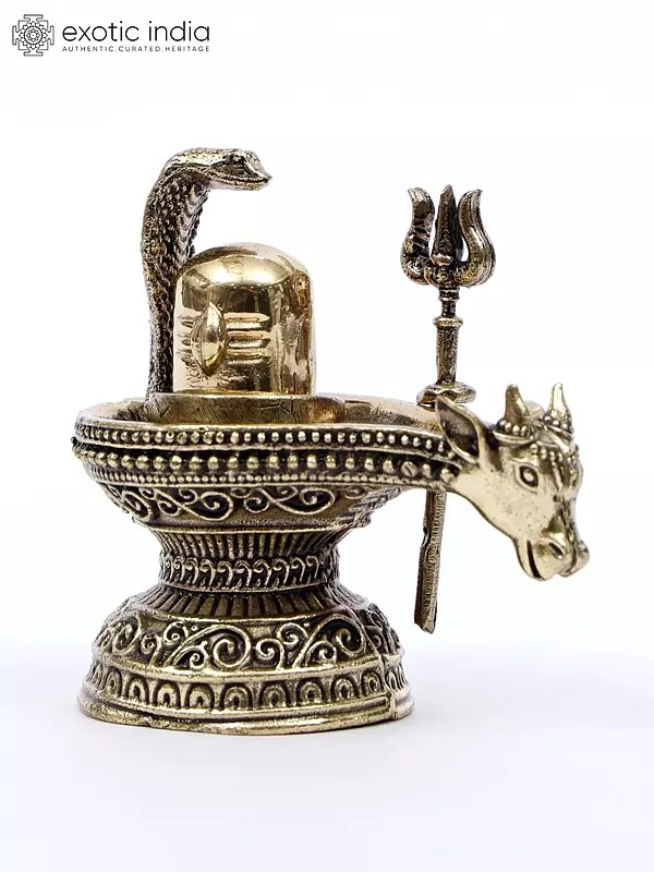 2" Small Brass Nandi Mukh Shivalinga with Protecting Naag and Trishul