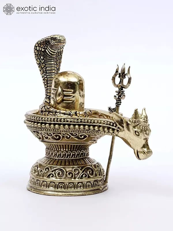 4" Small Brass Nandi Mukh Shivalinga with Protecting Naag and Trishul