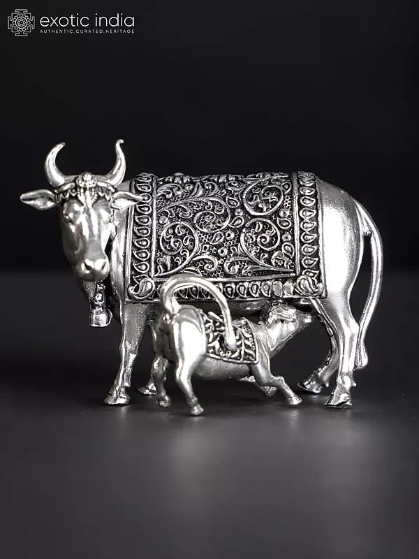 Small Superfine Cow and Calf | Silver Plated Brass Statue (Multiple Sizes)