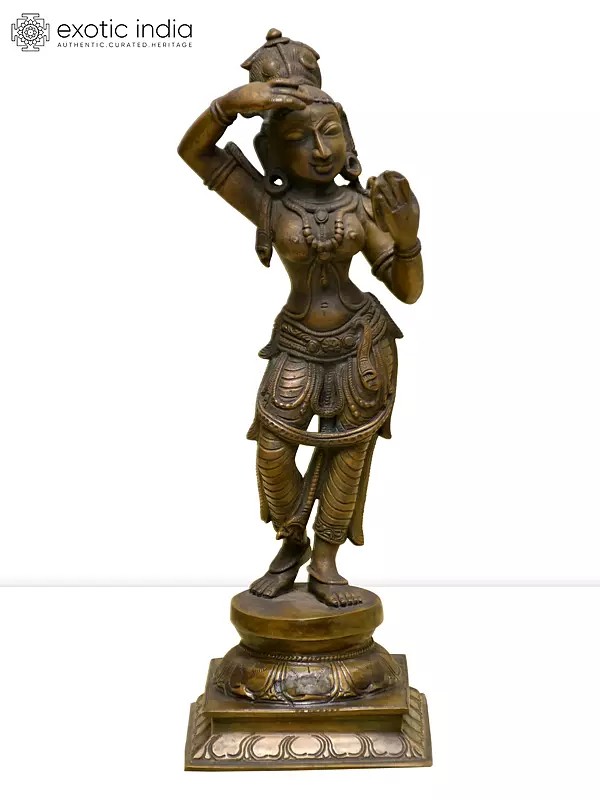 12" Mirror Darpana: Mirror Lady Applying Vermillion Panchaloha Bronze Idol from Swamimalai