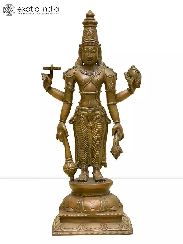 12" Standing Four Armed Lord Vishnu | Madhuchista Vidhana (Lost-Wax) | Panchaloha Bronze from Swamimalai