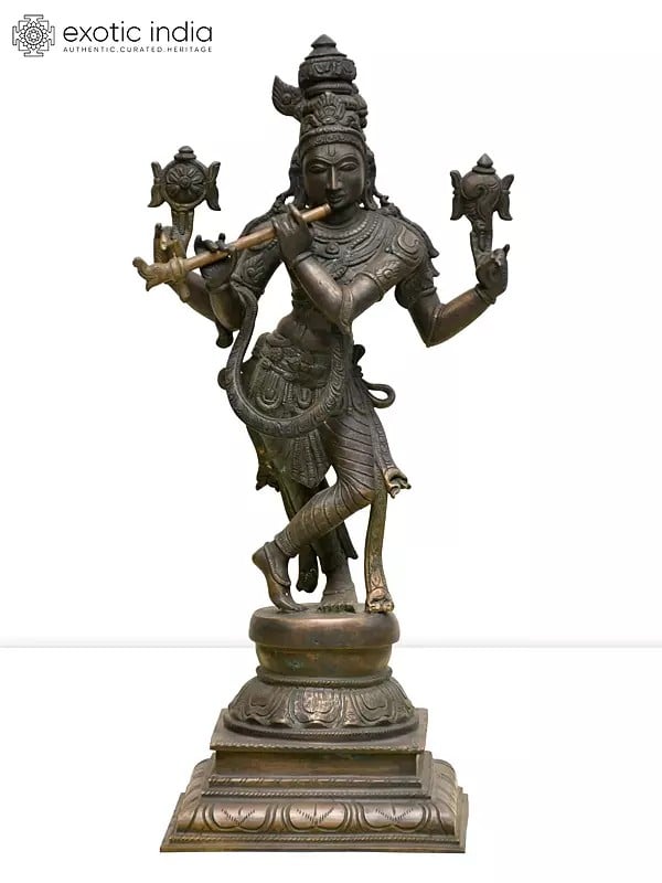 16" Four Armed Standing Lord Krishna Playing Flute | Madhuchista Vidhana (Lost-Wax) | Panchaloha Bronze from Swamimalai