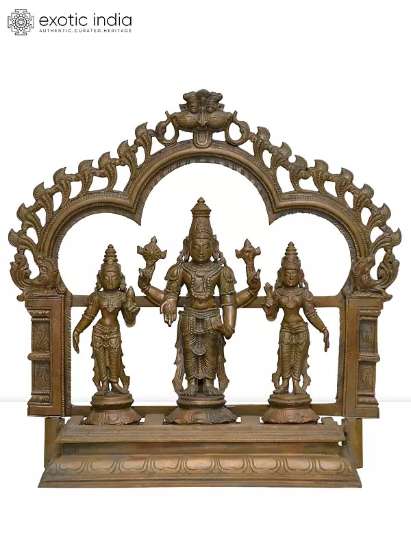 13" Standing Lord Vishnu with His Consorts Sridevi and Bhudevi on Kirtimukha Throne | Madhuchista Vidhana (Lost-Wax) | Panchaloha Bronze from Swamimalai