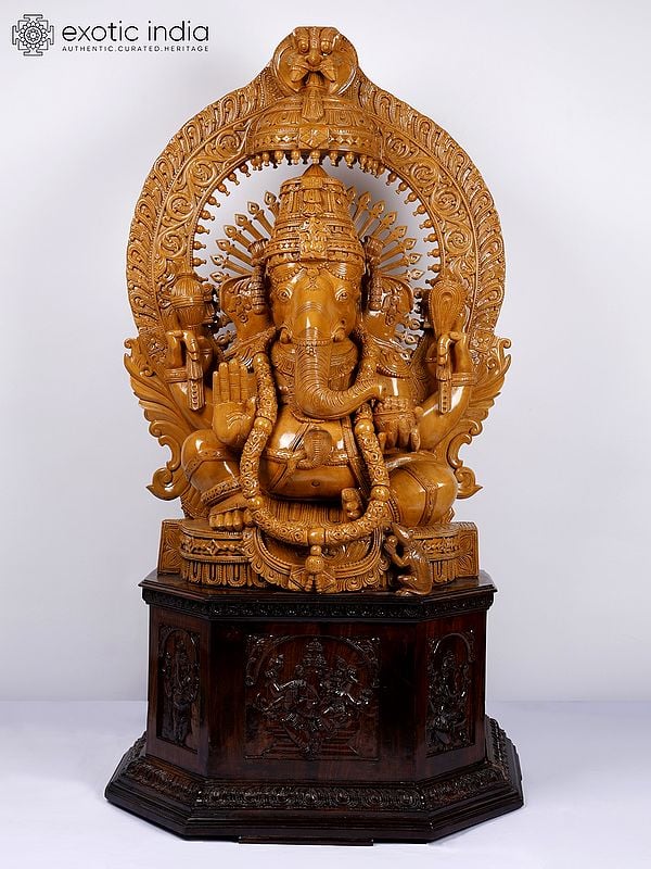 58" Large Blessing Lord Ganesha with Kirtimukha Prabhavali | Wood Carved Statue