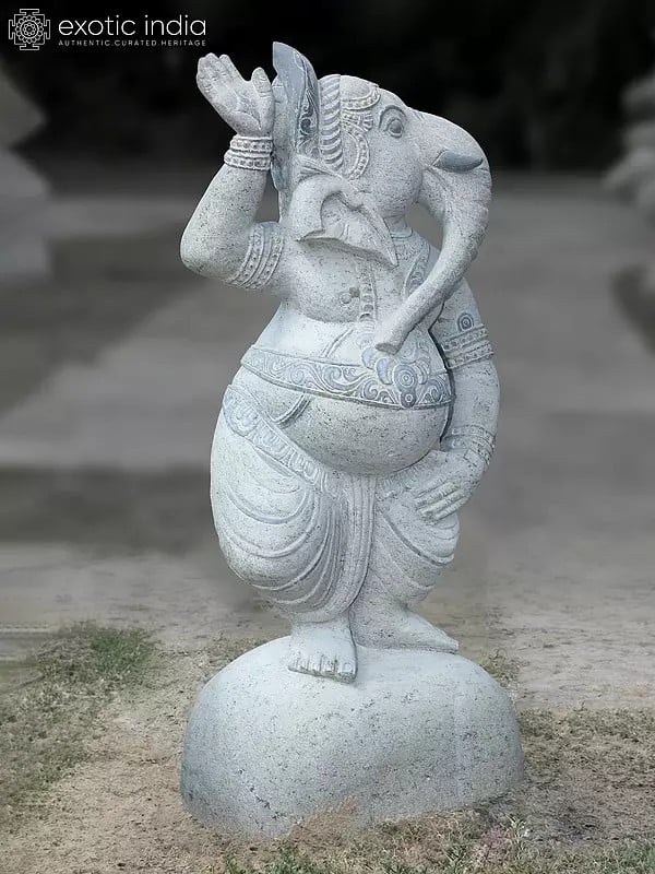 37" Large Granite Stone Statue Of Dancing Ganesha On Base