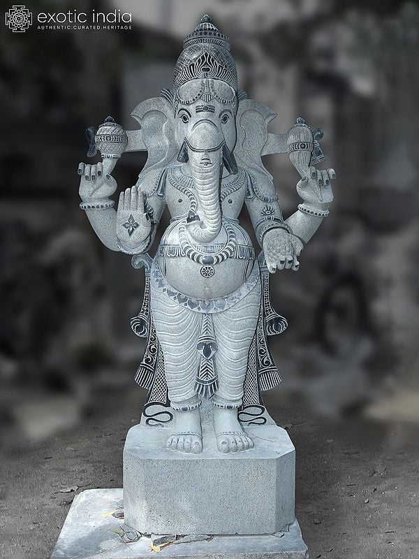 82" Chaturbhuja Standing Ganesha With Base | Large Granite Stone Idol