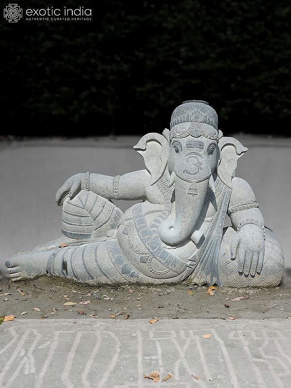 58" Resting Lord Ganesha Statue | Large Granite Stone Sculpture