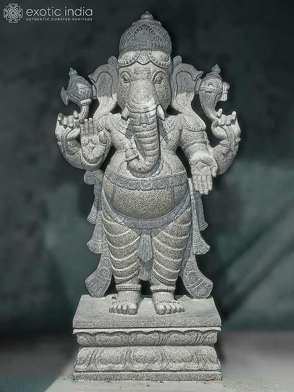 48" Four Armed Lord Ganesha Statue | Large Granite Stone Idol