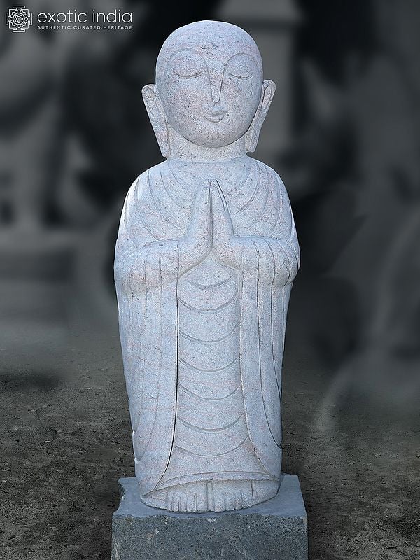 44" The Standing Meditative Monk Statue | Large Granite Stone Statue