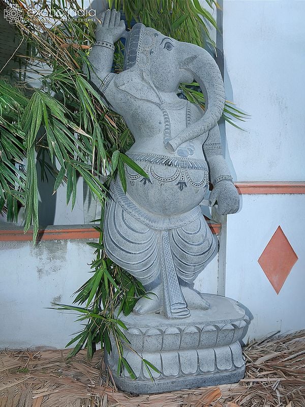 88" Granite Stone Sculpture Of Dancing Ganesha